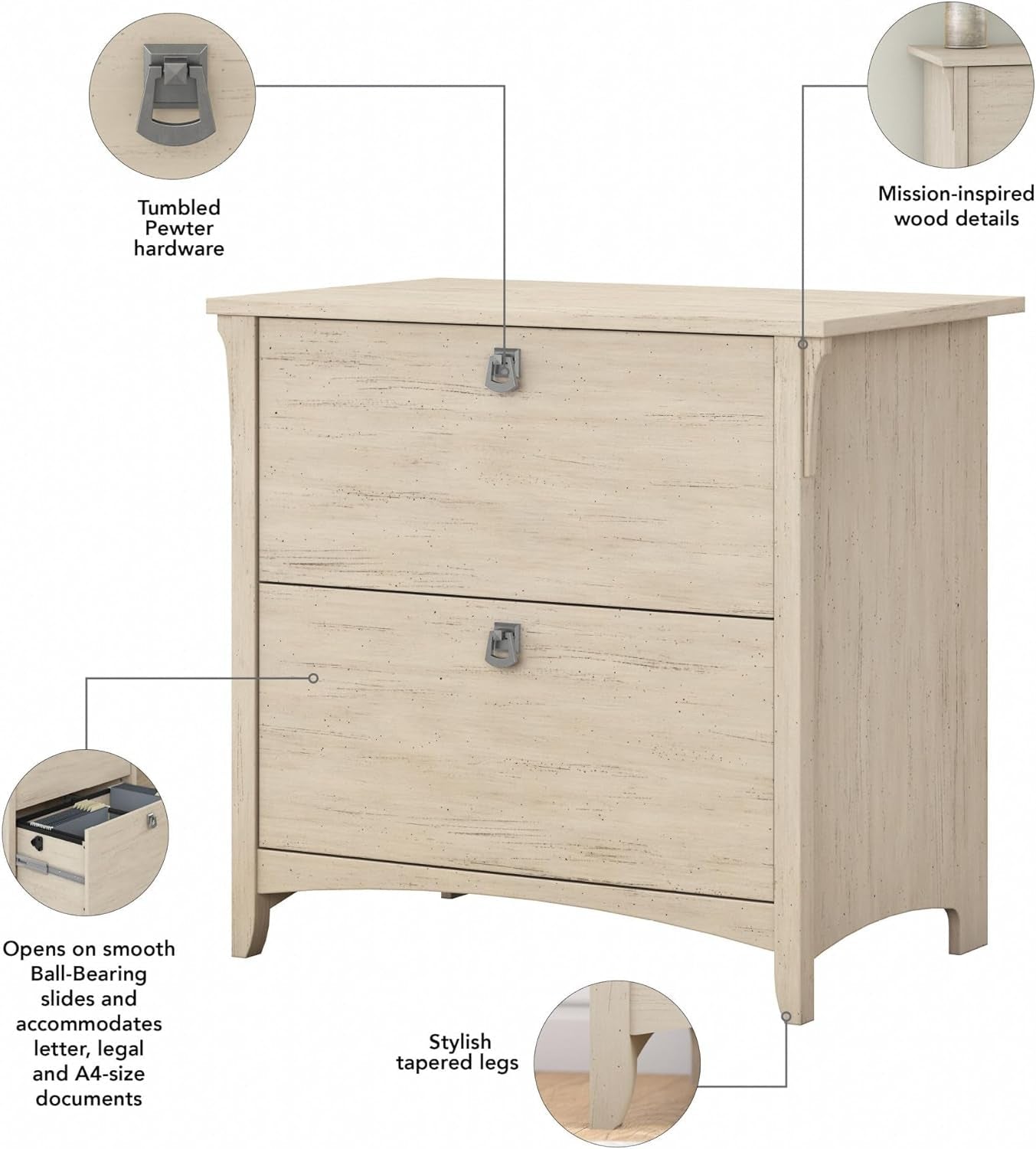 Bush Furniture Salinas 2 Drawer Lateral File Cabinet in Antique White, Home Office Storage Solution, Organizer with Drawers for Workspace, Filing Unit-3